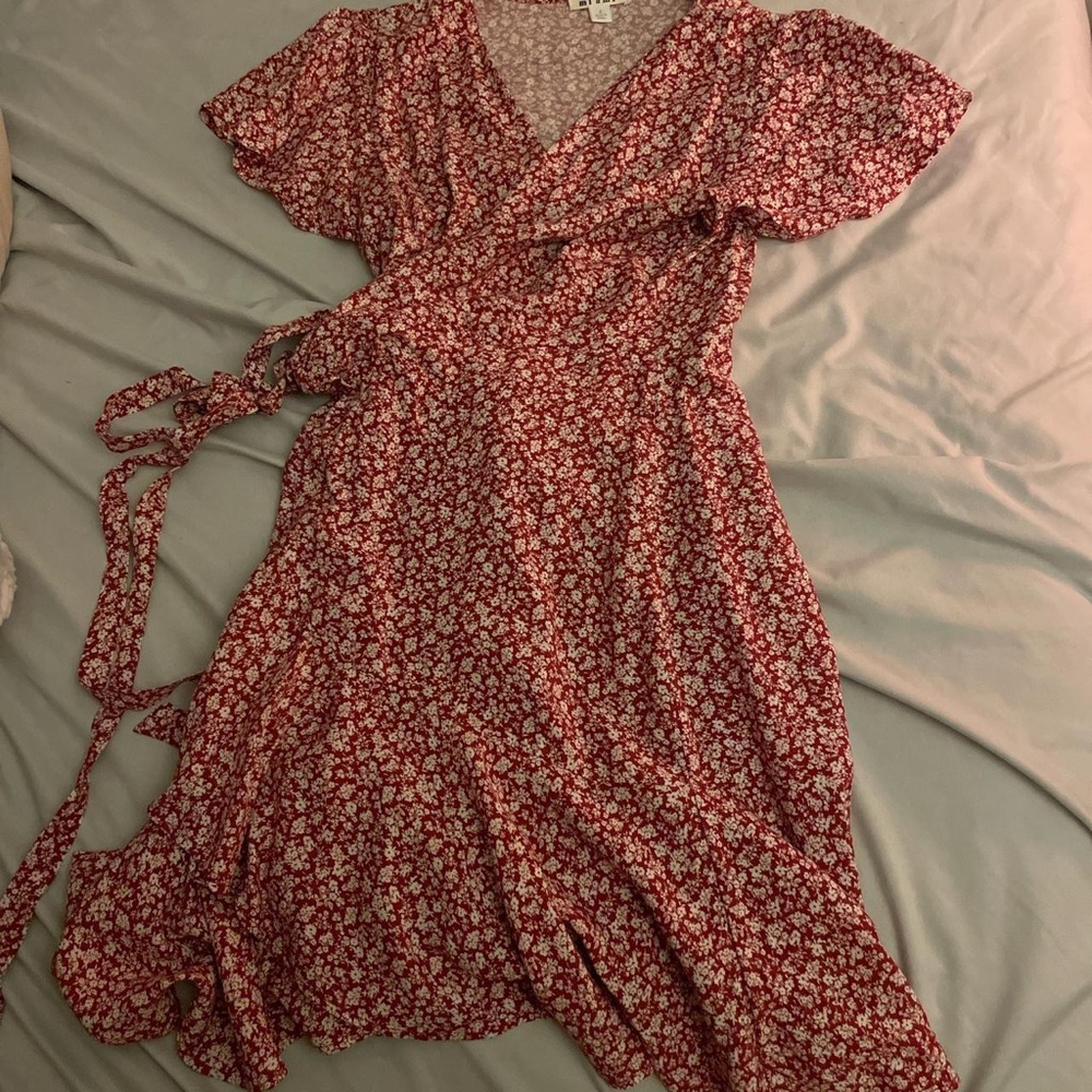 red floral wrap dress
